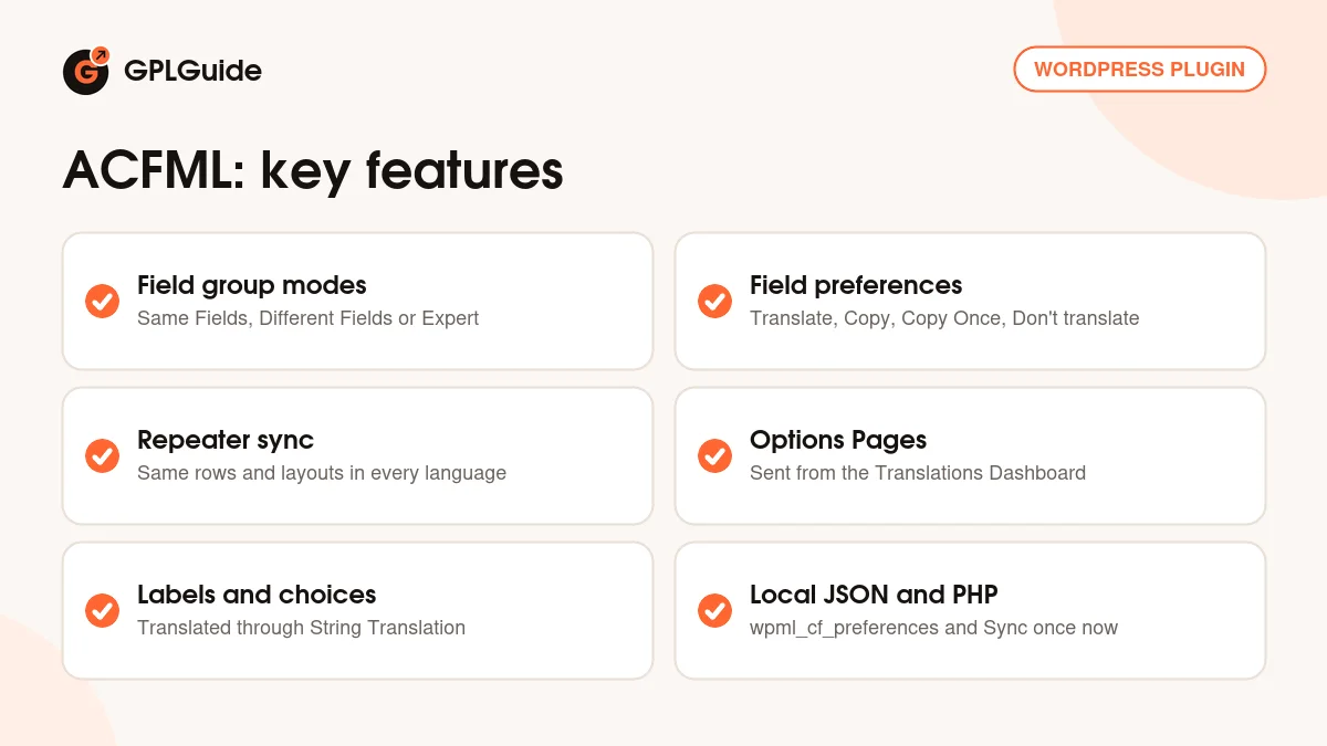ACFML key features: field group modes, translation preferences, repeater sync, Options Pages, field labels and Local JSON