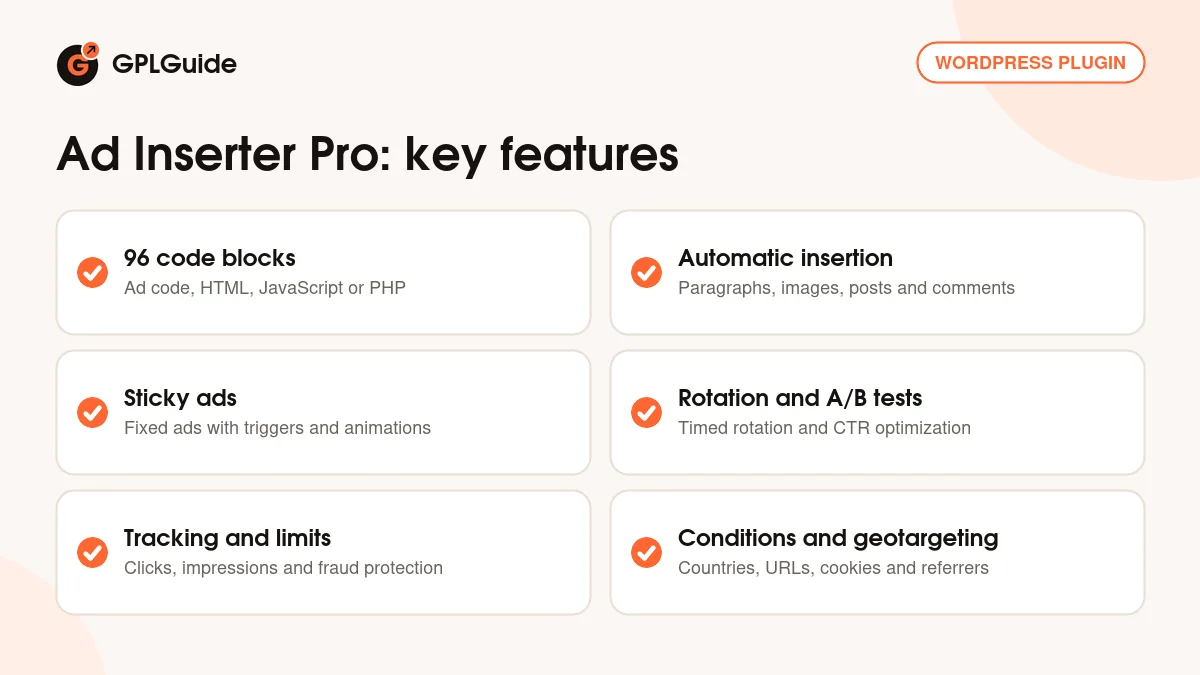 Ad Inserter Pro key features: 96 code blocks, automatic insertion, sticky ads, rotation, tracking and geotargeting
