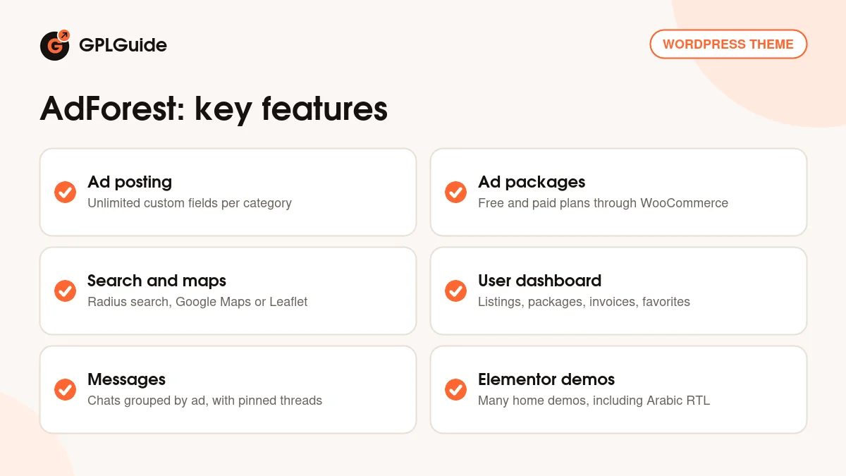 AdForest key features: ad posting, paid packages, search and maps, user dashboard, messages and Elementor widgets