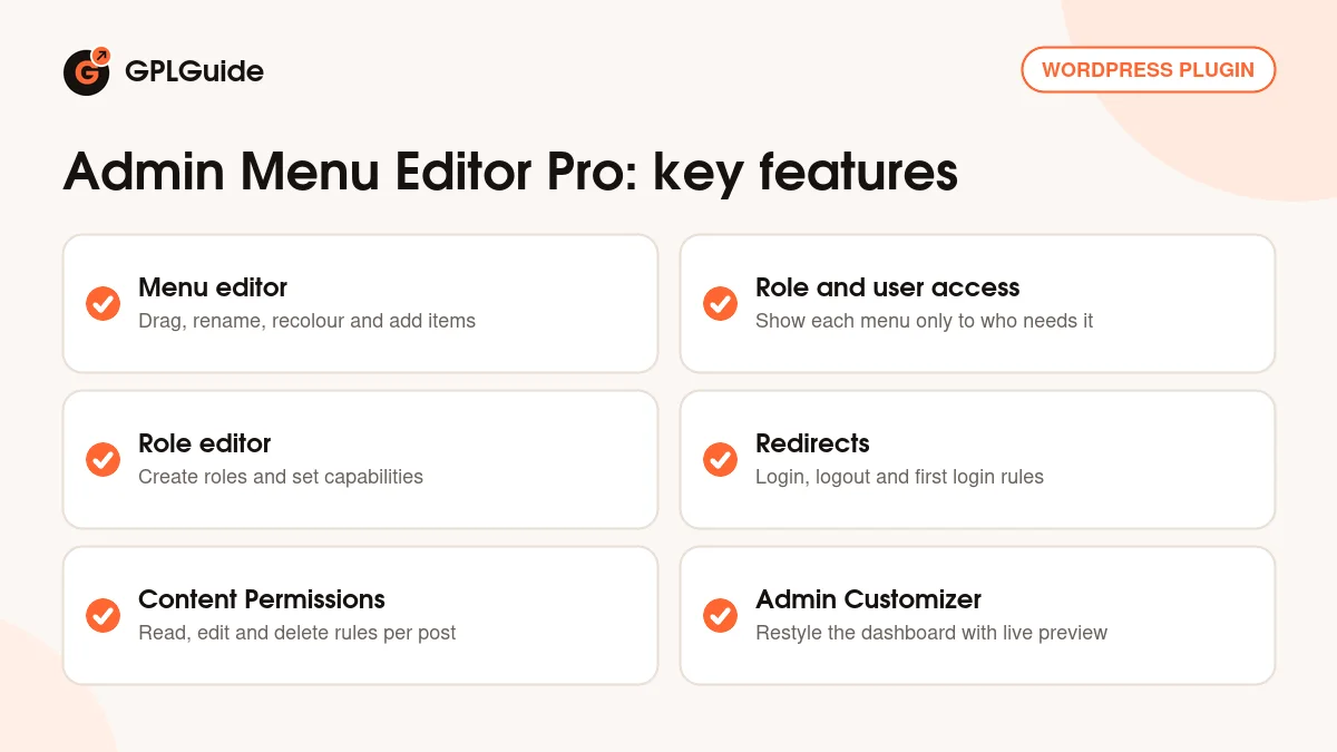 Admin Menu Editor Pro key features: role and user menu permissions, role editor, redirects, content permissions, admin styling and import and export