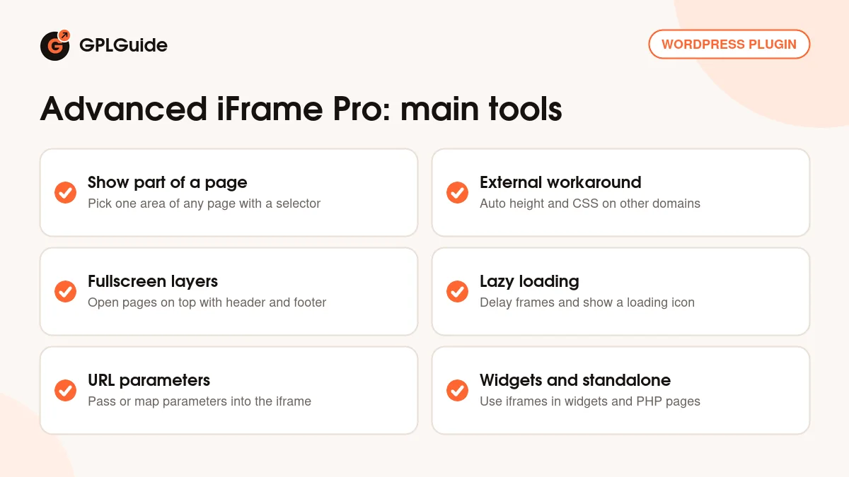 Advanced iFrame Pro main tools: show part of a page, external workaround, layers, lazy loading and parameter mapping