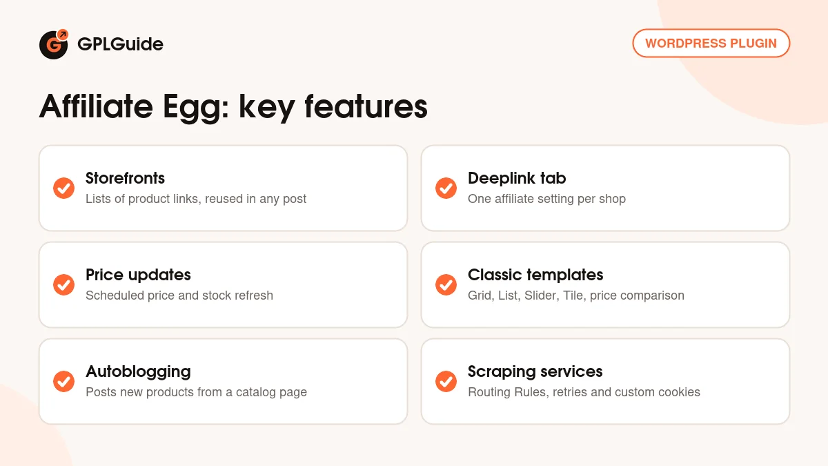 Affiliate Egg key features: storefronts, deeplinks, price updates, autoblogging, scraping services and custom parsers