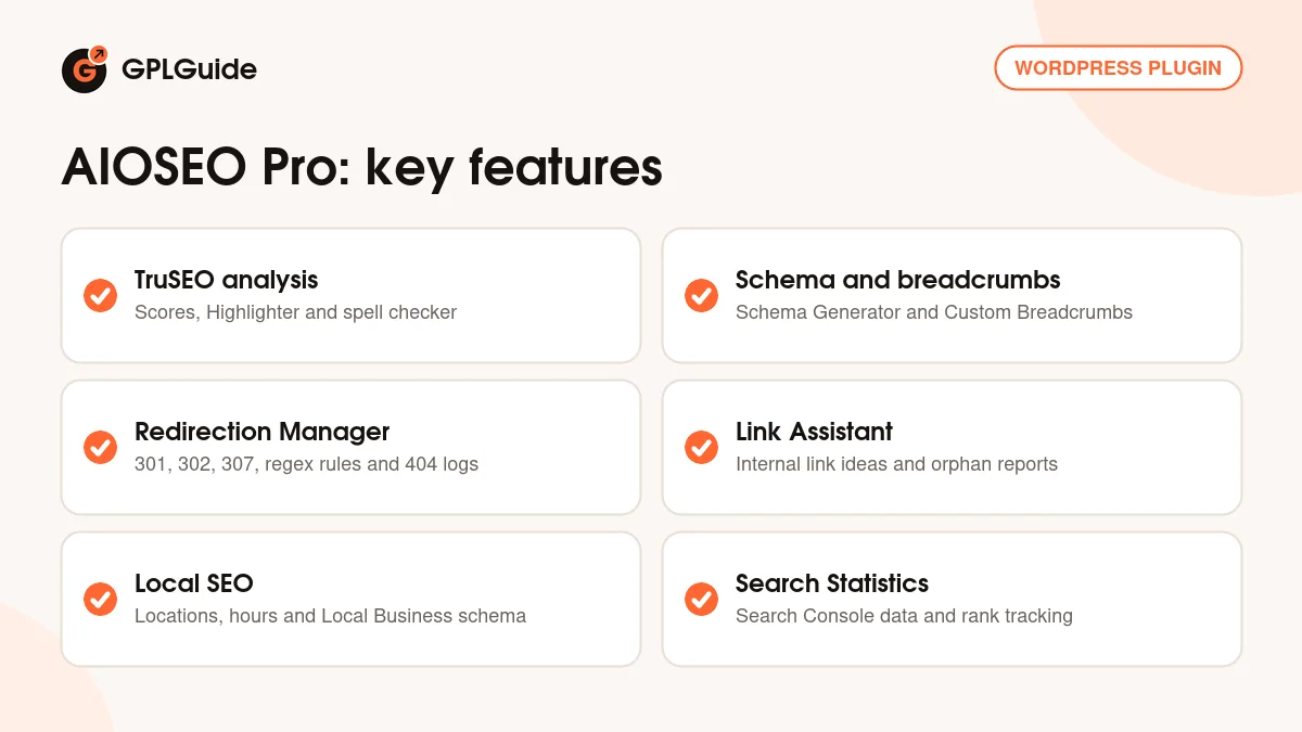 AIOSEO Pro key features: TruSEO, schema, redirects, Link Assistant, Local SEO and Search Statistics
