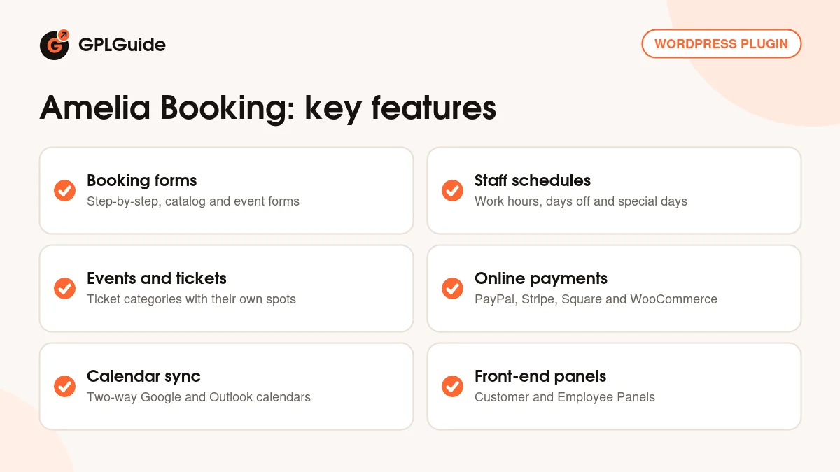 Amelia Booking key features: booking forms, staff schedules, events and tickets, online payments, calendar sync and front-end panels