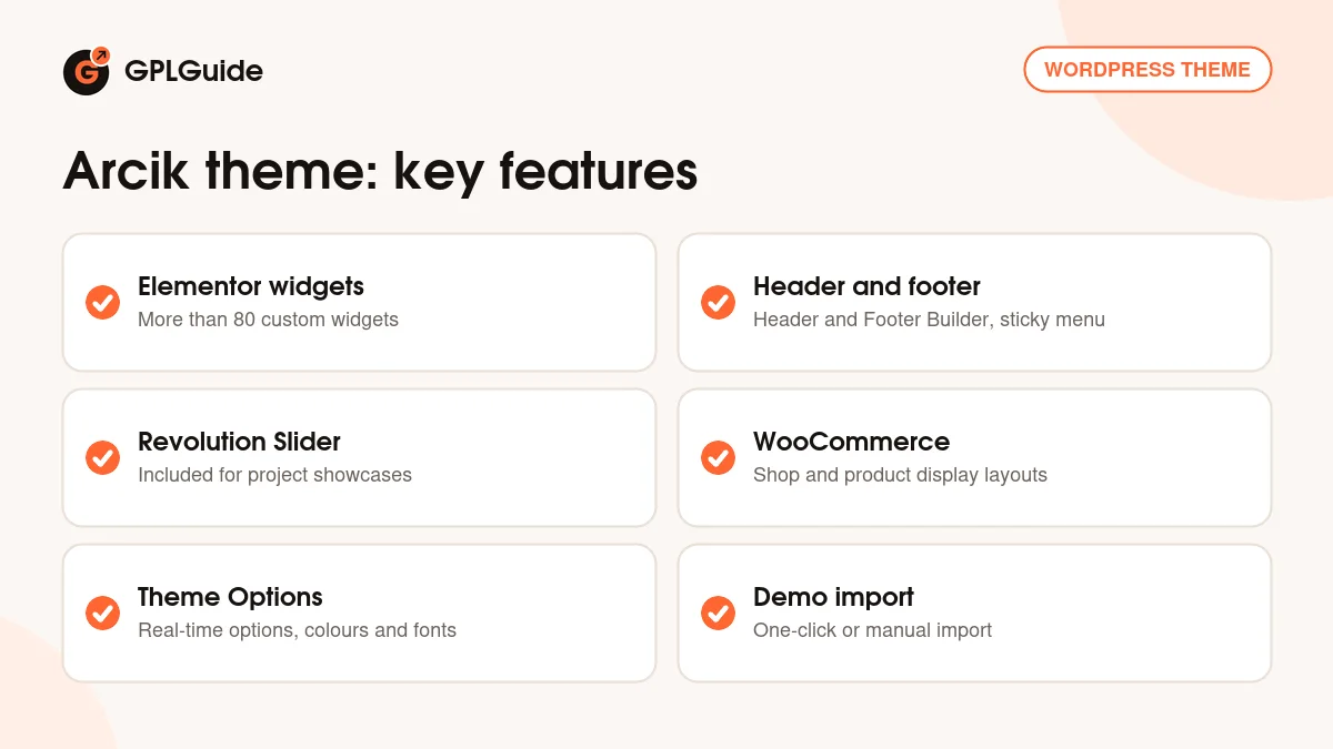 Arcik theme key features: Elementor widgets, header and footer builder, Revolution Slider, WooCommerce layouts