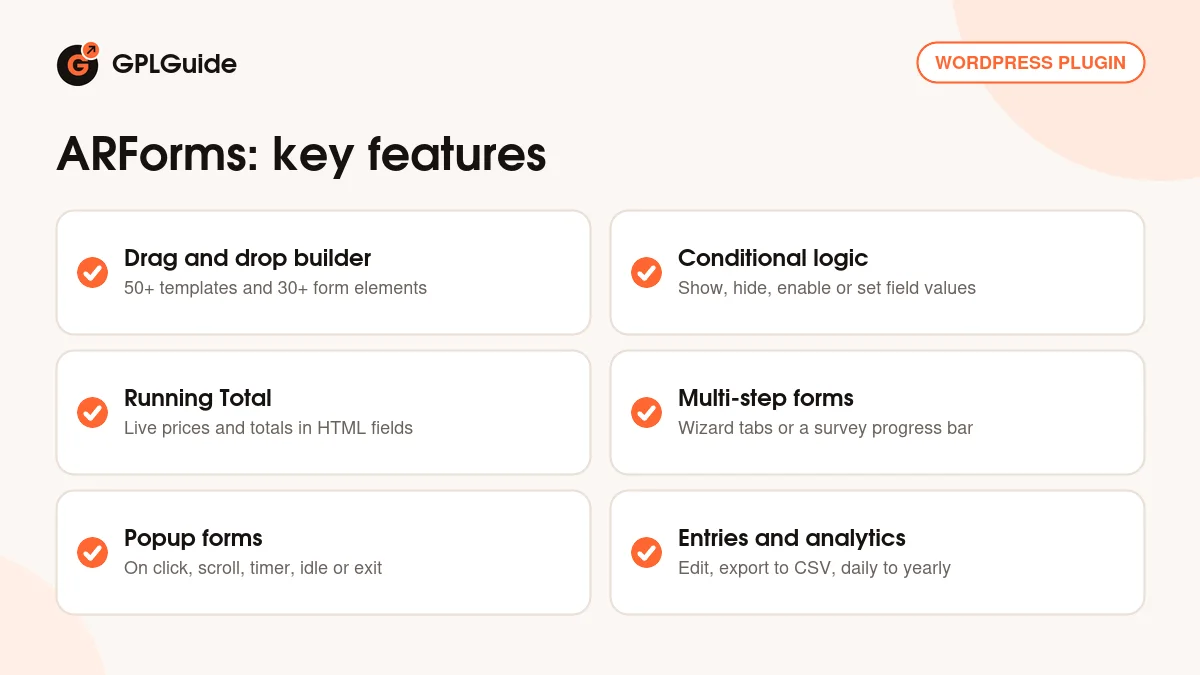 ARForms key features: drag and drop builder, conditional logic, Running Total, multi-step forms, popups and entry analytics