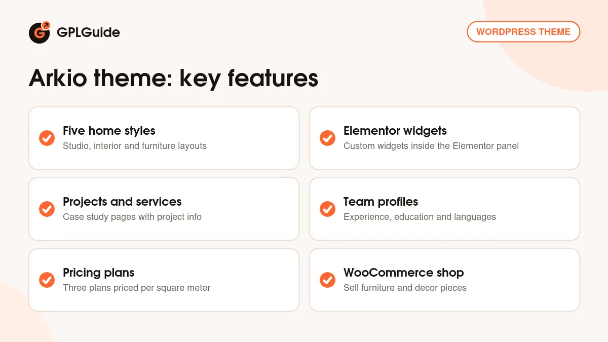 Arkio theme key features: five home styles, Elementor widgets, project and team pages, pricing plans, WooCommerce and demo import