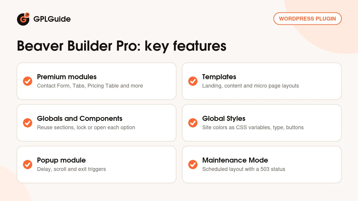 Beaver Builder Pro key features: premium modules, templates, Globals and Components, Global Styles, Popup module and Maintenance Mode