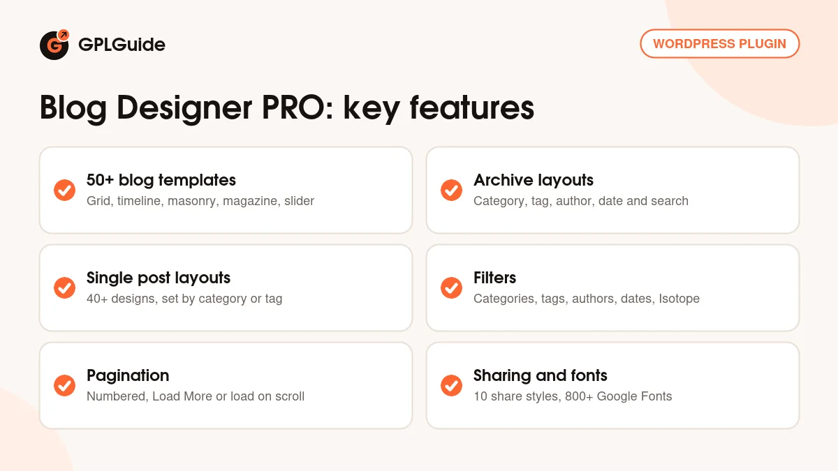 Blog Designer PRO key features: blog templates, archive and single layouts, filters, pagination, sharing and fonts