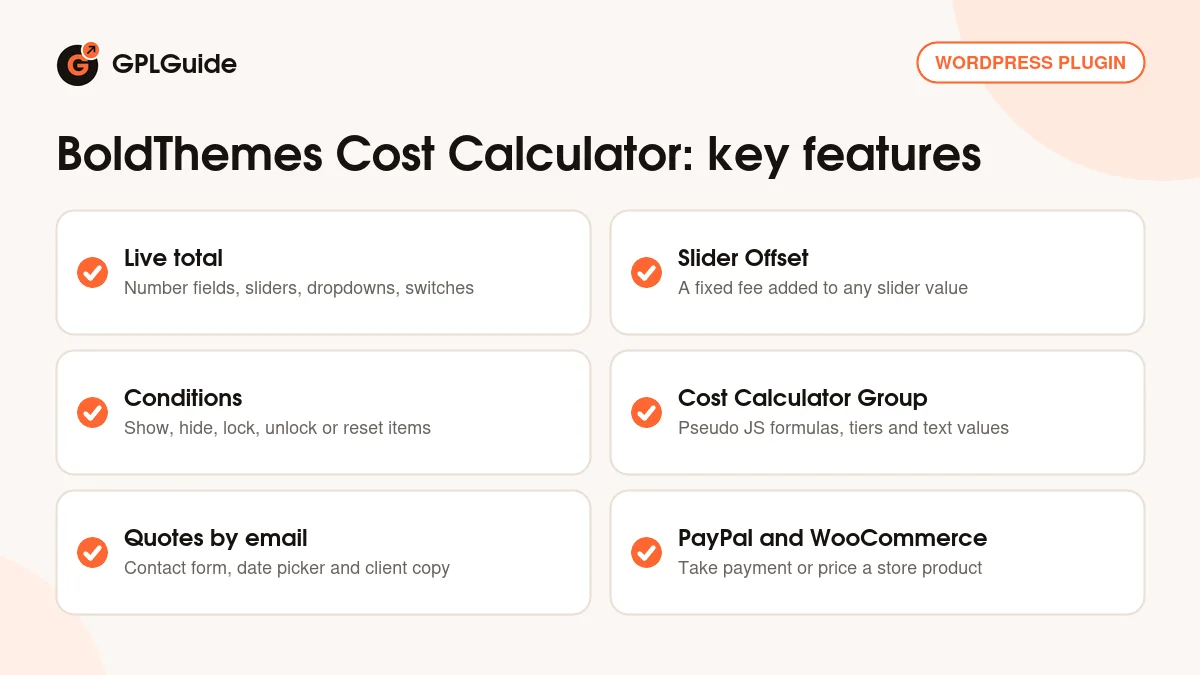 BoldThemes Cost Calculator key features: calculator items, conditions, groups, contact form, PayPal and WooCommerce