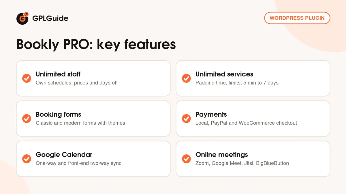 Bookly PRO key features: unlimited staff and services, booking forms, payments, Google Calendar and online meetings