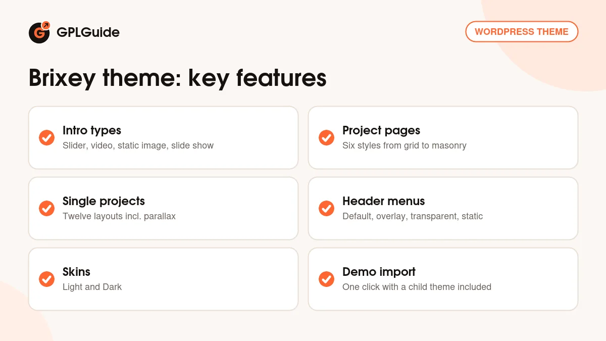 Brixey theme key features: intro types, project grids, single project layouts and header menus