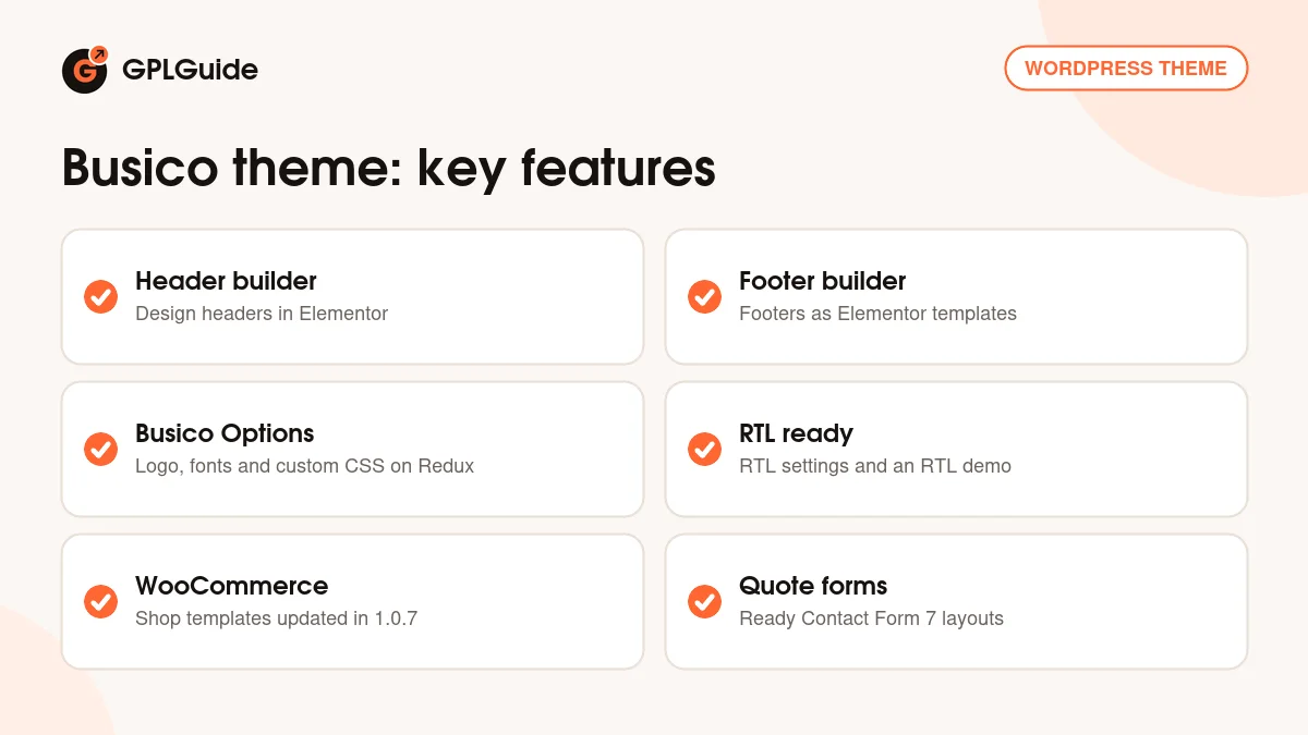 Busico theme key features: Elementor header and footer builder, Busico Options, RTL, WooCommerce and quote forms