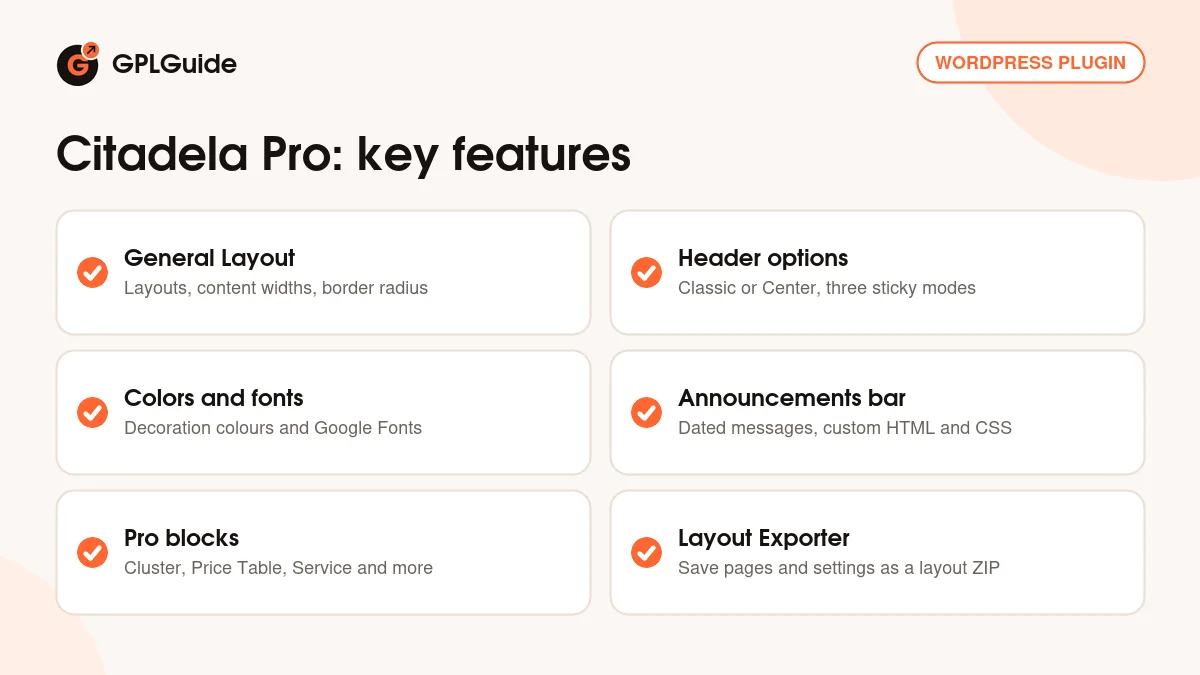 Citadela Pro key features: Customizer layout panels, Pro blocks, announcements bar and layout exporter