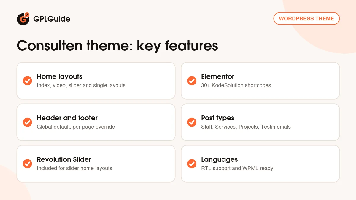 Consulten theme key features: home layouts, Elementor shortcodes, header and footer builder, staff, services and projects