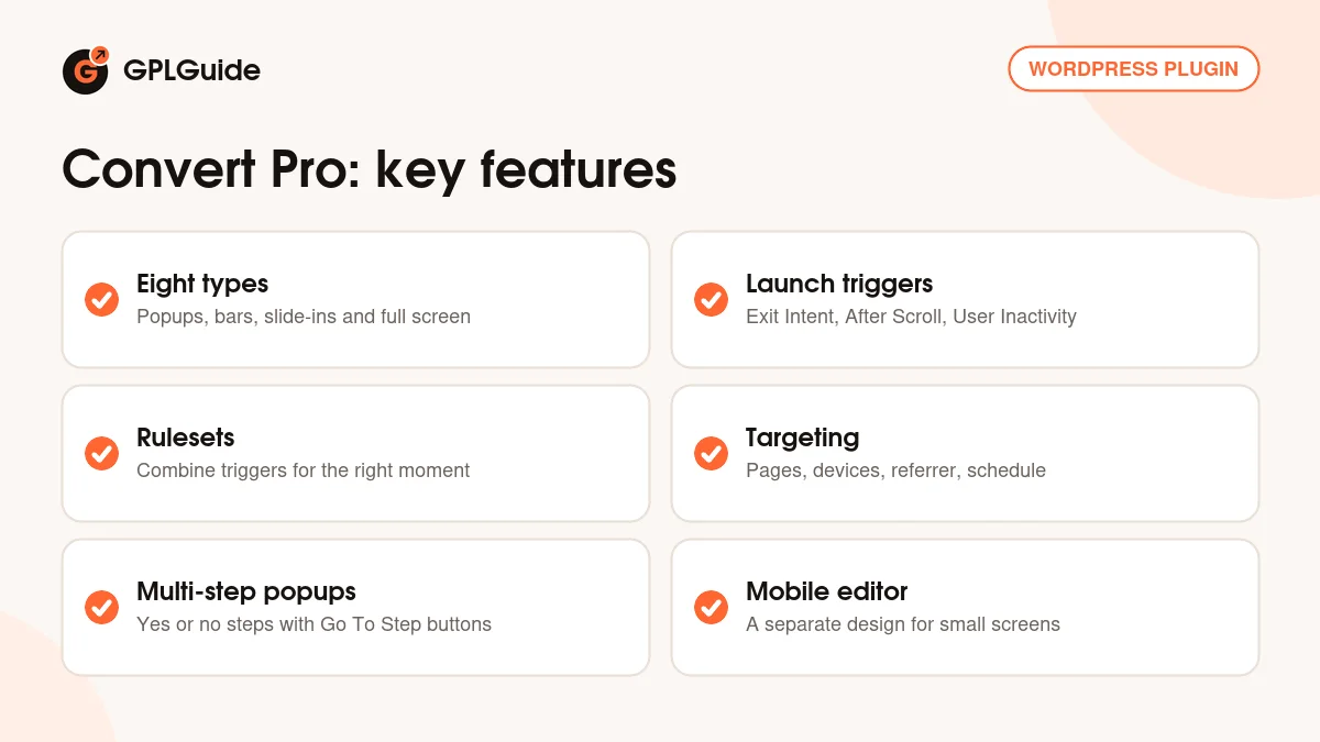 Convert Pro key features: popup types, launch triggers, rulesets, targeting, multi-step forms and mobile editor