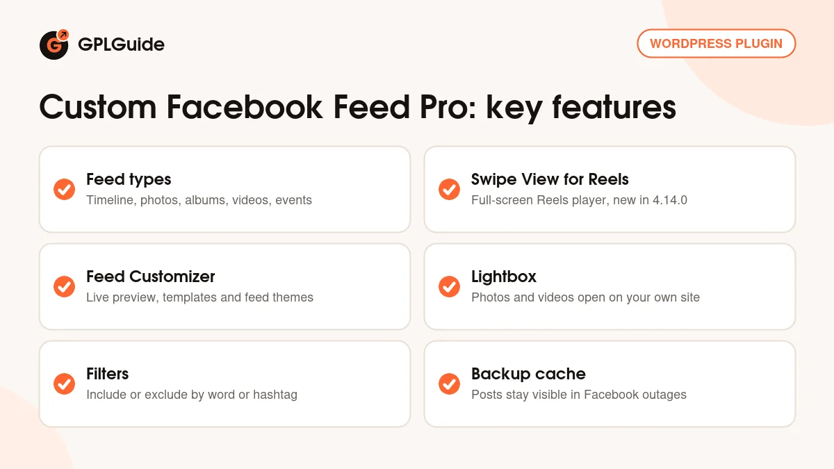 Custom Facebook Feed Pro key features: feed types, Reels swipe view, customizer, backup cache, filters and embedding