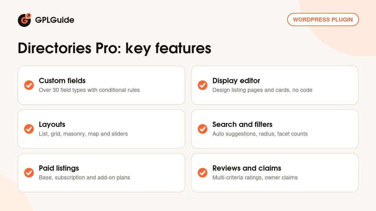 Directories Pro key features: custom fields, display editor, layouts, search filters, maps, payments and reviews