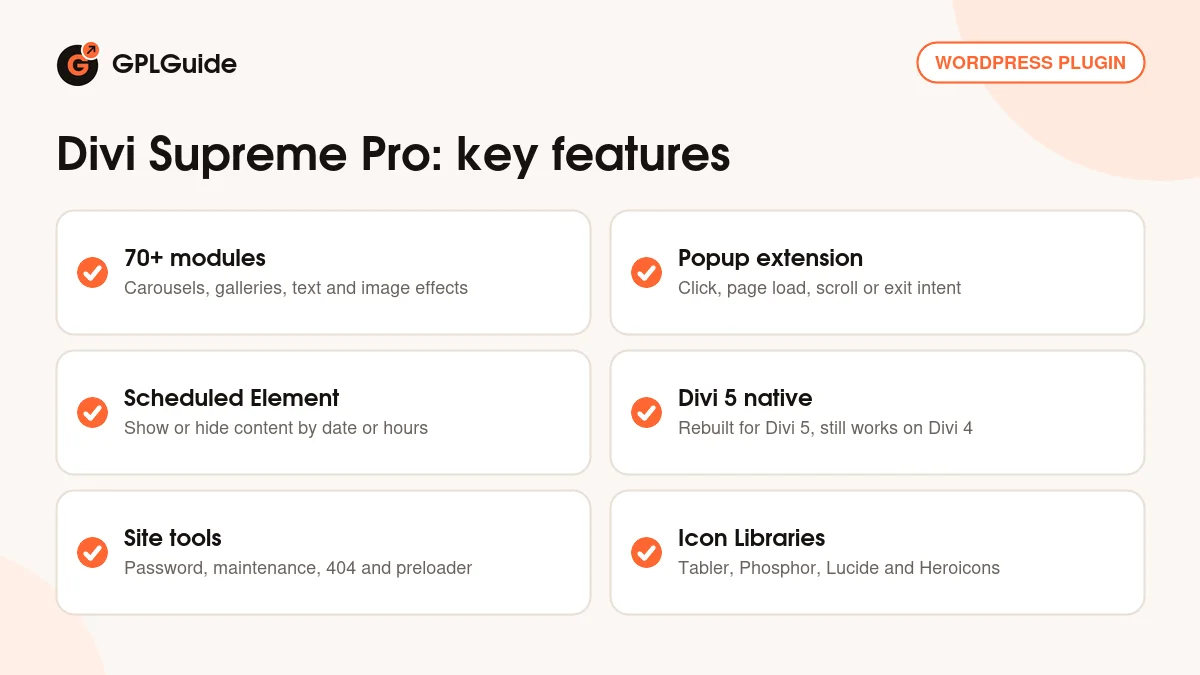 Divi Supreme Pro key features: module library, popups, scheduled content, Divi 5 support and site extensions