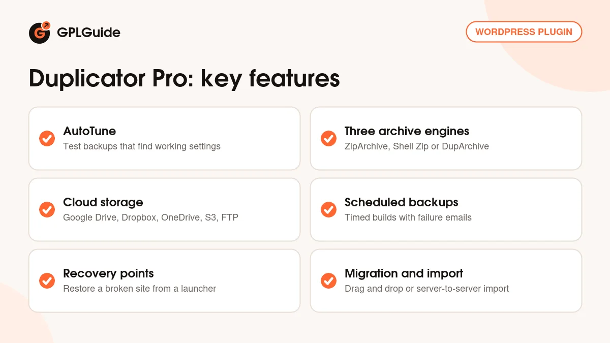 Duplicator Pro key features: AutoTune, archive engines, cloud storage, schedules, recovery points and import