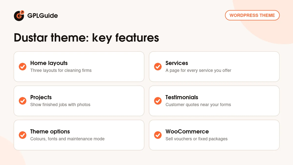 Dustar theme key features: service pages, projects, testimonials, Elementor widgets, theme options and WooCommerce