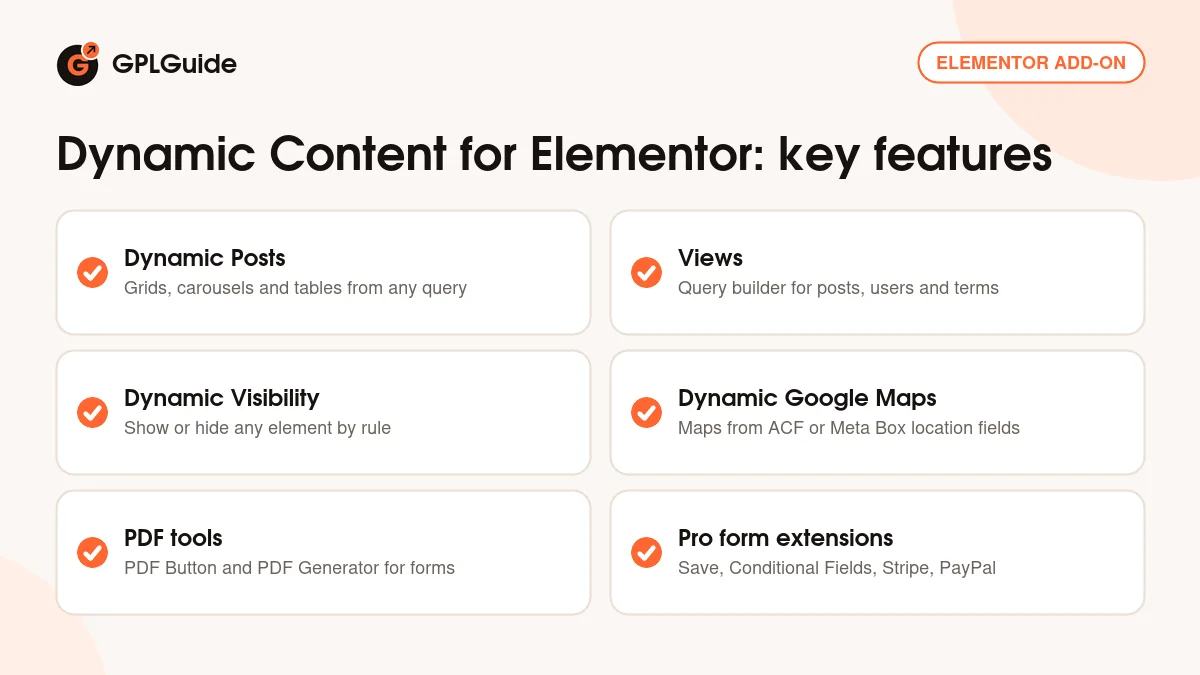 Dynamic Content for Elementor key features: Dynamic Posts, Views, Dynamic Visibility, Google Maps, PDF tools and Elementor Pro form extensions