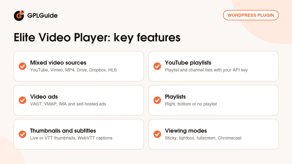 Elite Video Player key features: mixed video sources, VAST and self-hosted ads, playlists, thumbnails, subtitles and Chromecast