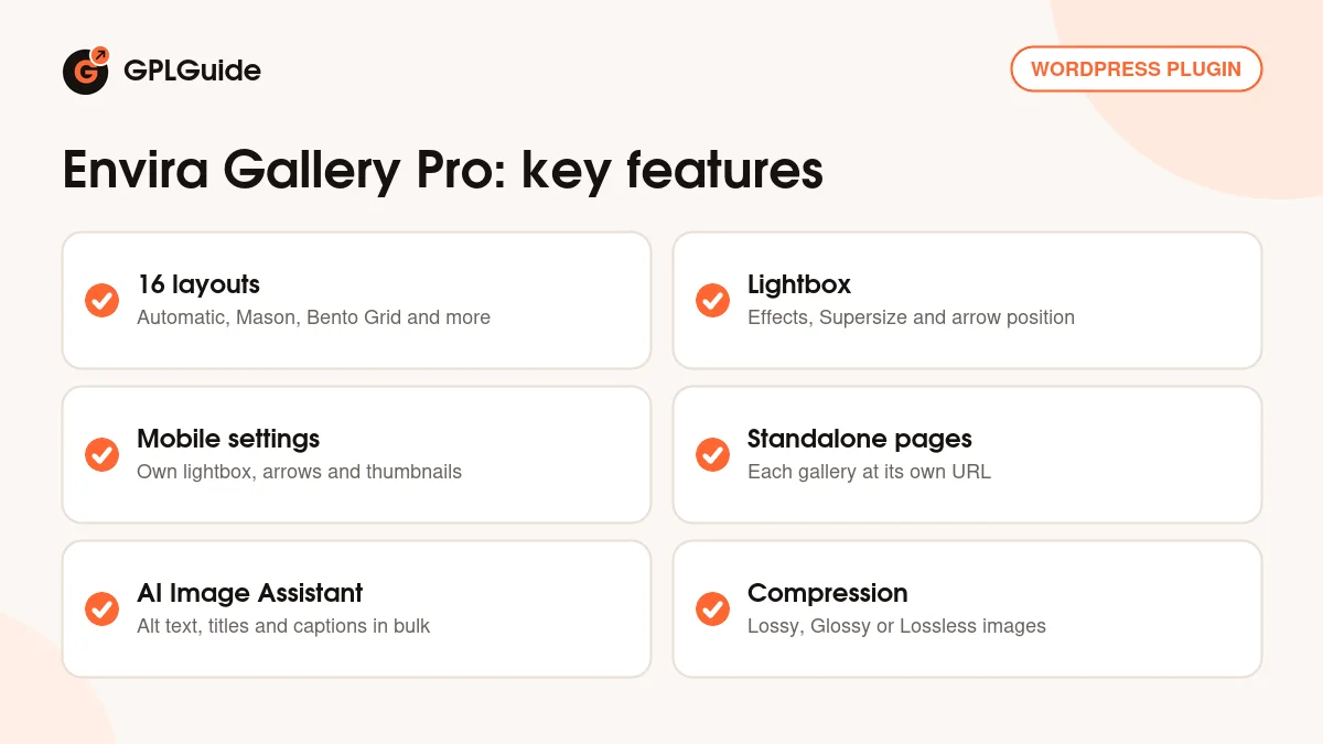Envira Gallery Pro key features: 16 layouts, lightbox, mobile settings, Standalone pages, AI Image Assistant and compression