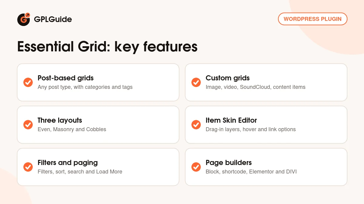 Essential Grid key features: post and custom grids, Even, Masonry and Cobbles layouts, skin editor, filters and page builder support