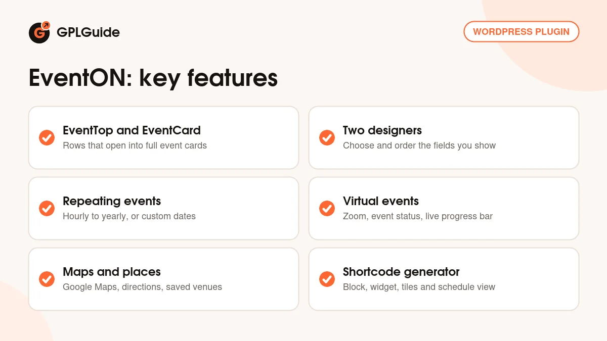 EventON key features: EventTop and EventCard designers, repeating events, virtual events with Zoom, maps and shortcodes