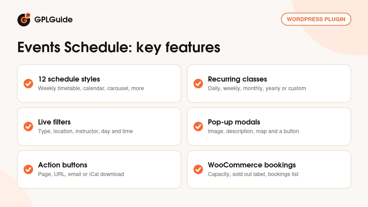Events Schedule key features: 12 schedule styles, recurring classes, live filters, pop-up modals, iCal buttons and WooCommerce bookings