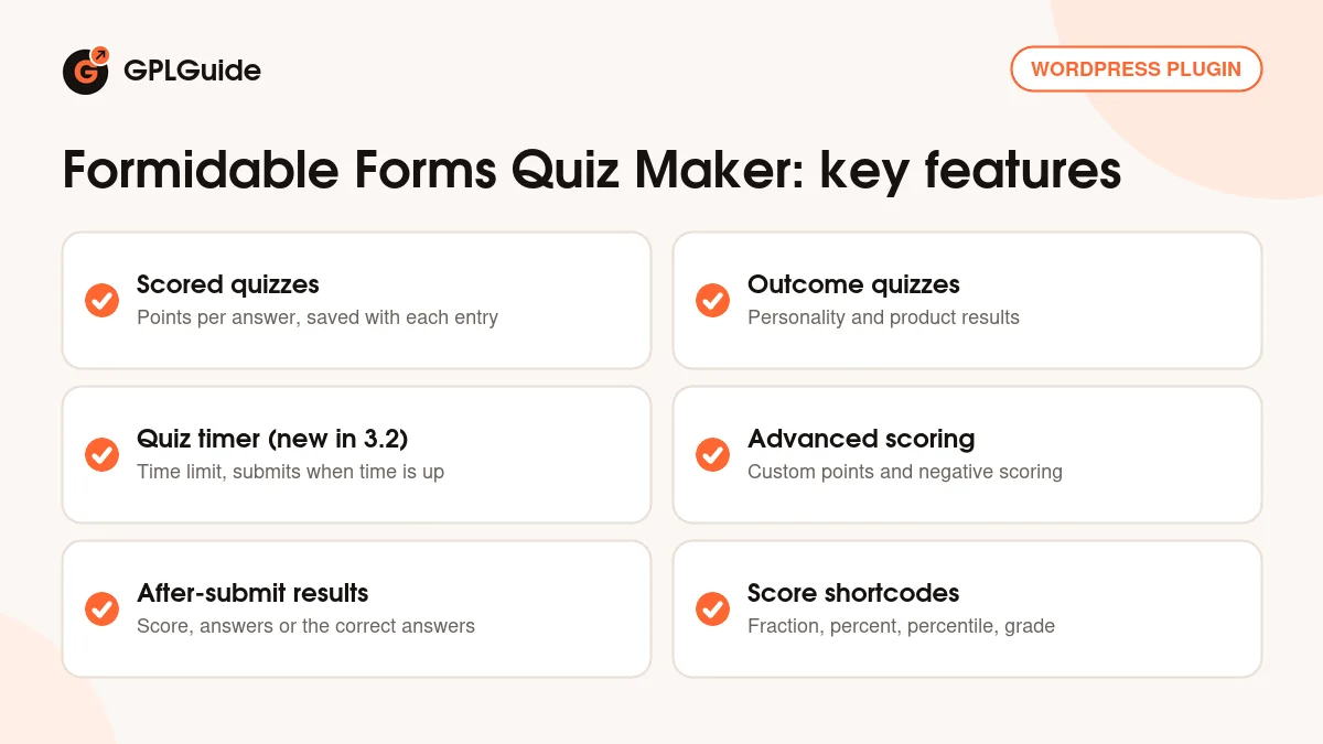 Formidable Forms Quiz Maker key features: scored and outcome quizzes, quiz timer, advanced scoring and score shortcodes
