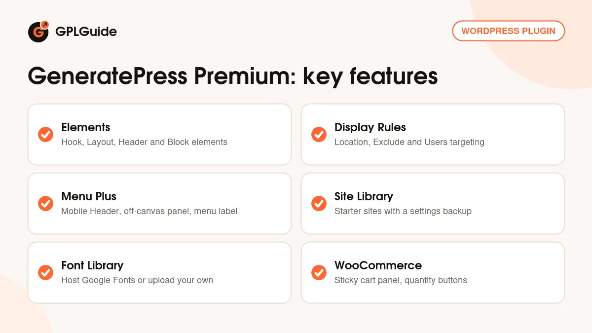 GeneratePress Premium key features: Elements, Display Rules, Menu Plus, Site Library, Font Library and WooCommerce options