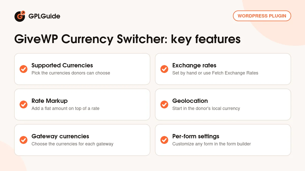 GiveWP Currency Switcher key features: supported currencies, exchange rates, rate markup, geolocation and gateway currencies