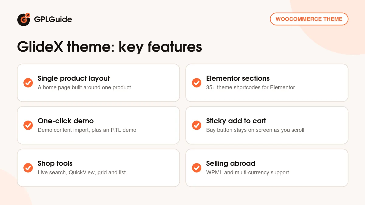 GlideX theme key features: single product layout, Elementor sections, one-click demo import, sticky add to cart, shop tools and WPML