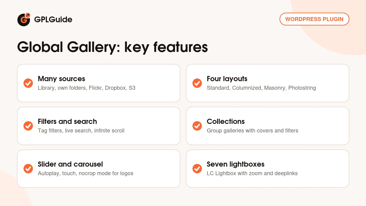 Global Gallery key features: image sources, four layouts, collections, slider, carousel and seven lightboxes