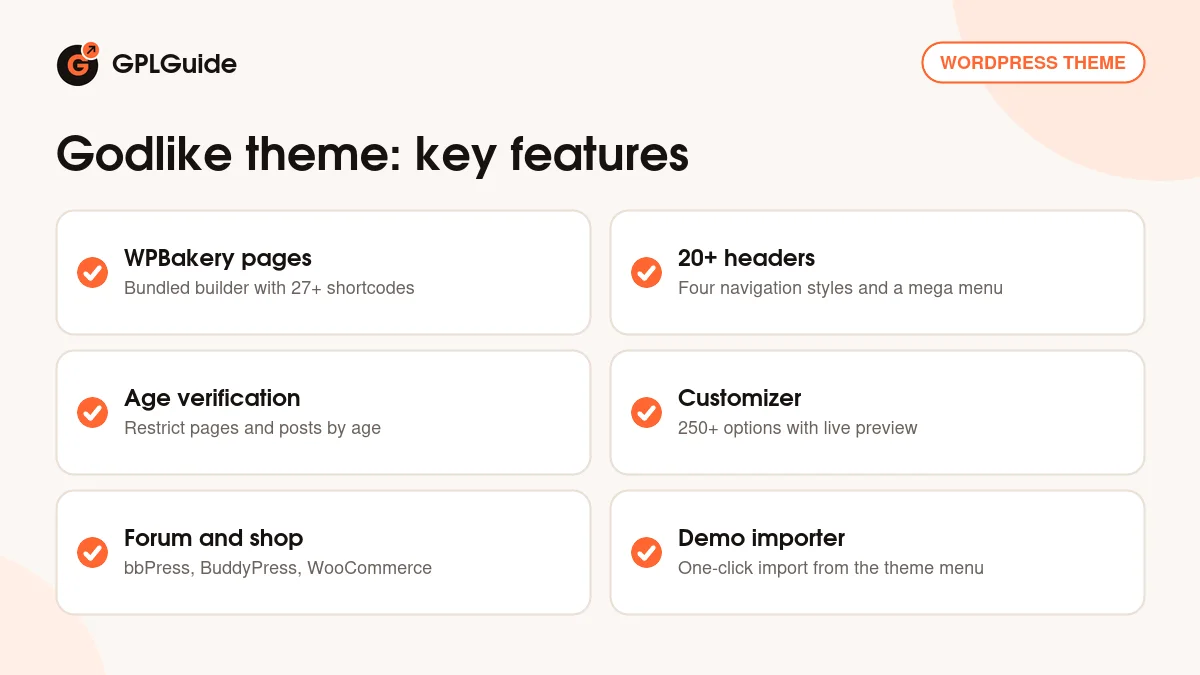 Godlike theme key features: WPBakery pages, 20+ headers, age check, forum and shop support, Customizer