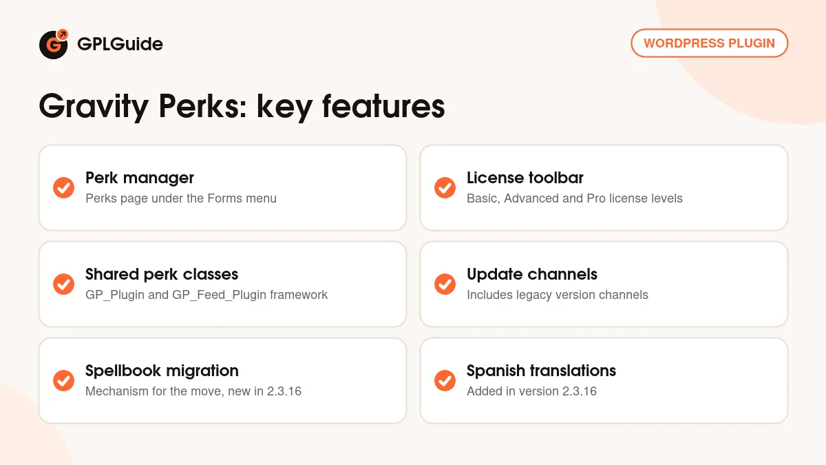 Gravity Perks key features: perk manager, license toolbar, shared perk framework, Spellbook migration and Spanish translations