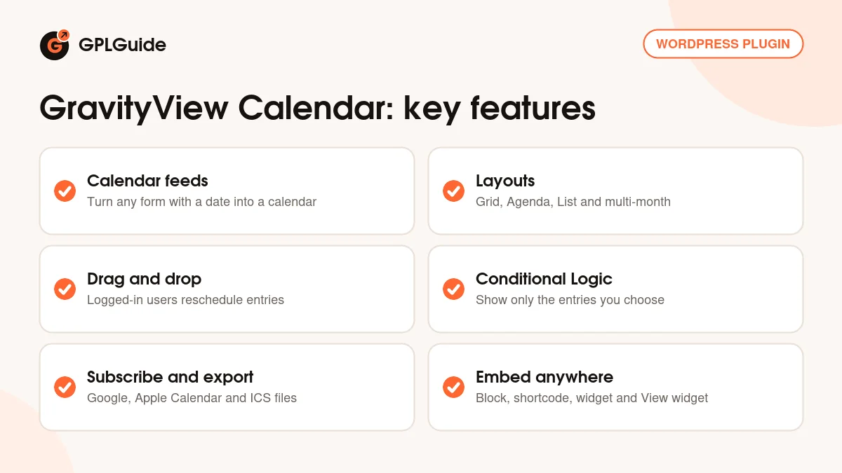 GravityView Calendar key features: layouts, conditional logic, drag and drop editing, subscriptions, ICS files and embedding