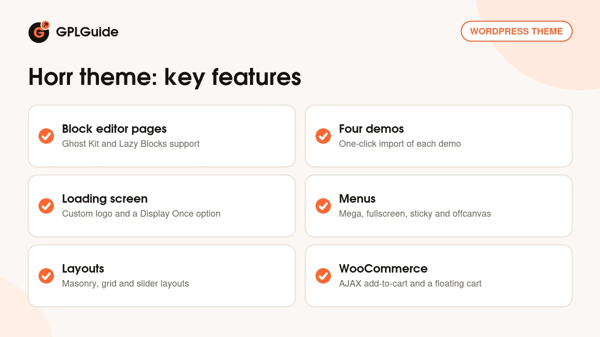 Horr theme key features: block editor pages, Ghost Kit blocks, loading screen, WooCommerce cart, live search