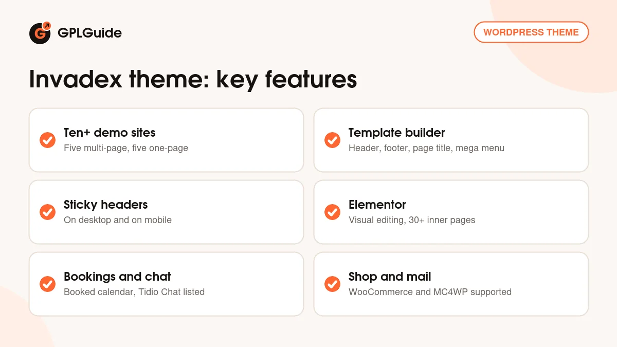 Invadex theme key features: ten demos, Elementor templates, mega menu, Booked, WooCommerce and Mailchimp tools