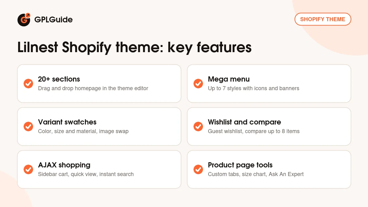 Lilnest Shopify theme key features: drag and drop sections, mega menu styles, swatches, AJAX wishlist, product compare and sidebar cart
