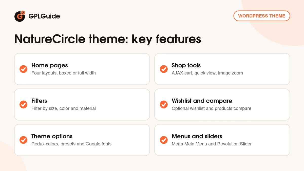 NatureCircle theme key features: four home pages, AJAX cart, quick view, product filters, wishlist and mega menu