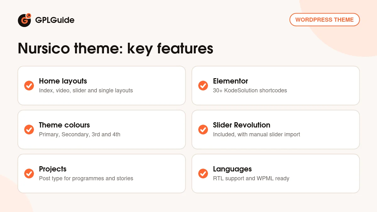 Nursico theme key features: home layouts, Elementor shortcodes, four theme colours, sliders, projects and RTL