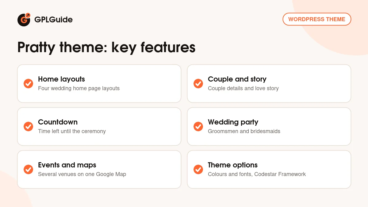 Pratty theme key features: couple details, love story, countdown, wedding party, events and four home layouts