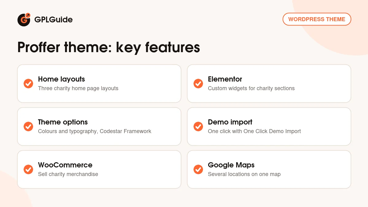 Proffer theme key features: Elementor widgets, three home layouts, theme options, demo import, WooCommerce and maps