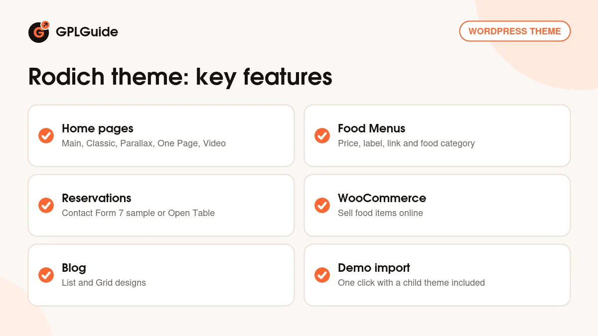 Rodich theme key features: home page styles, food menus, reservations, WooCommerce and blog