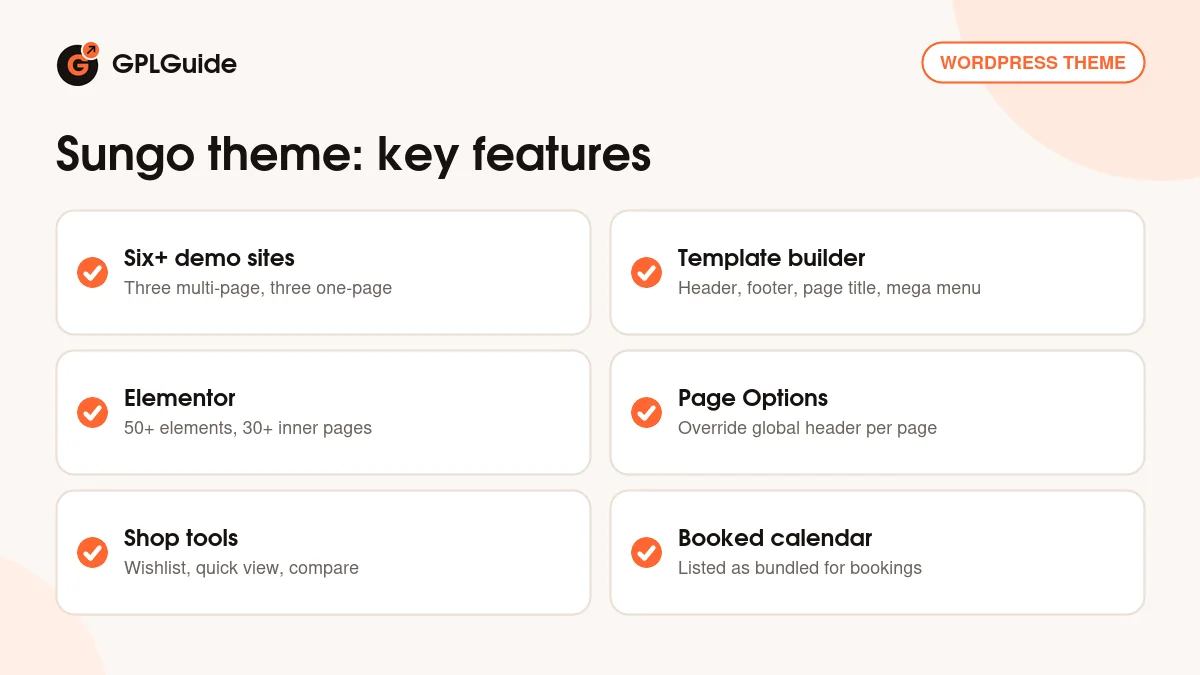 Sungo theme key features: Elementor templates, mega menu, one-page demos, Booked and WooCommerce tools