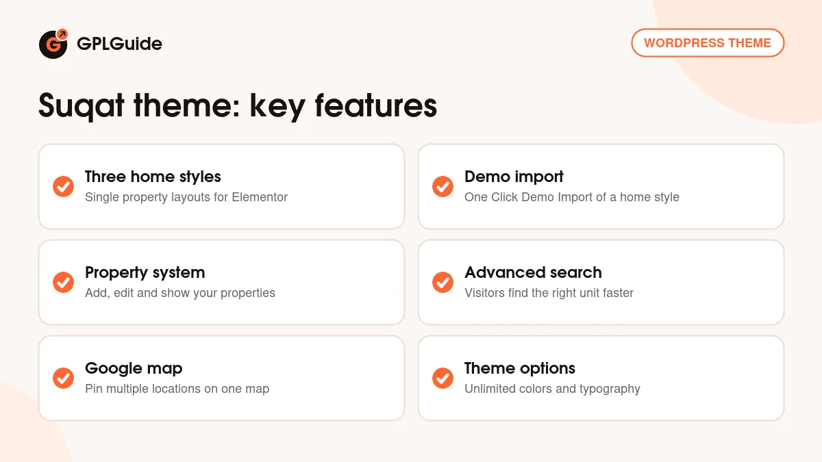 Suqat theme key features: three home styles, Elementor, property management, advanced search, multi-location Google map and WPML