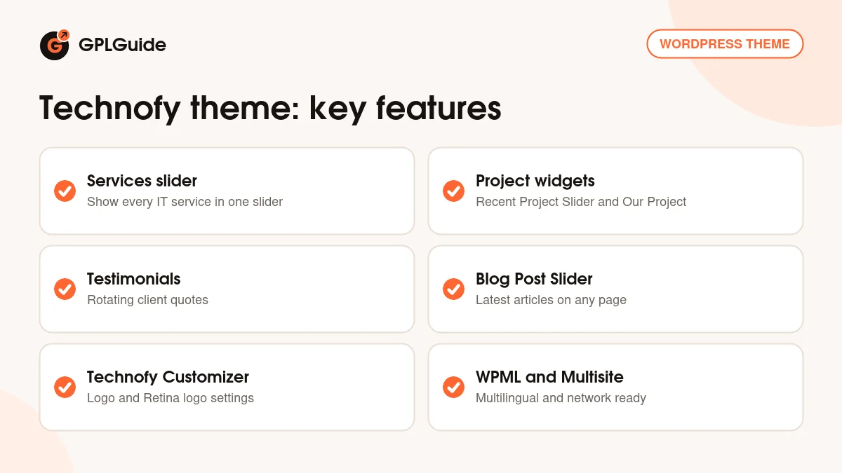 Technofy theme key features: Elementor widgets, service and project sliders, testimonials, Technofy Customizer and Contact Form 7